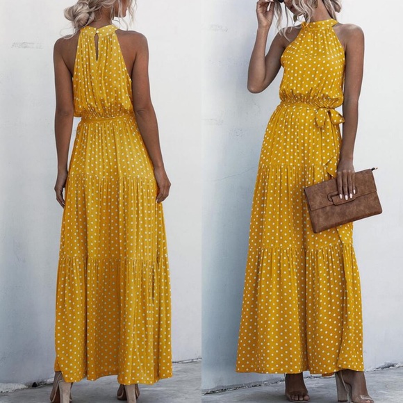 🌻 TALL YELLOW WHITE POLKA DOT BELTED MAXI DRESS! - Picture 2 of 3